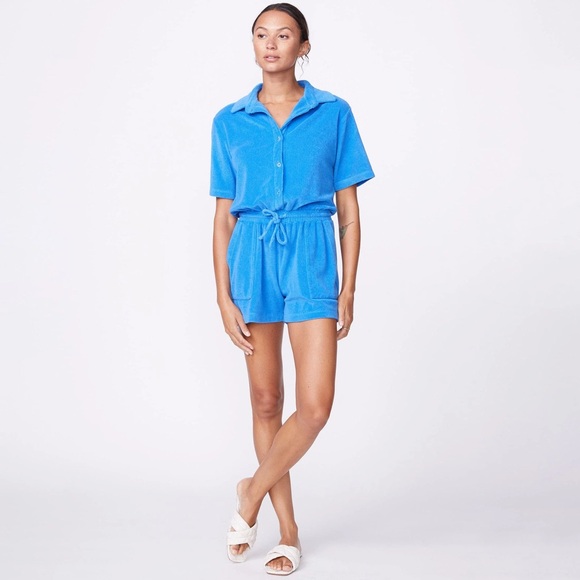Monrow women’s button down Short Sleeve cerulean blue terry Romper Sz LG NWT
